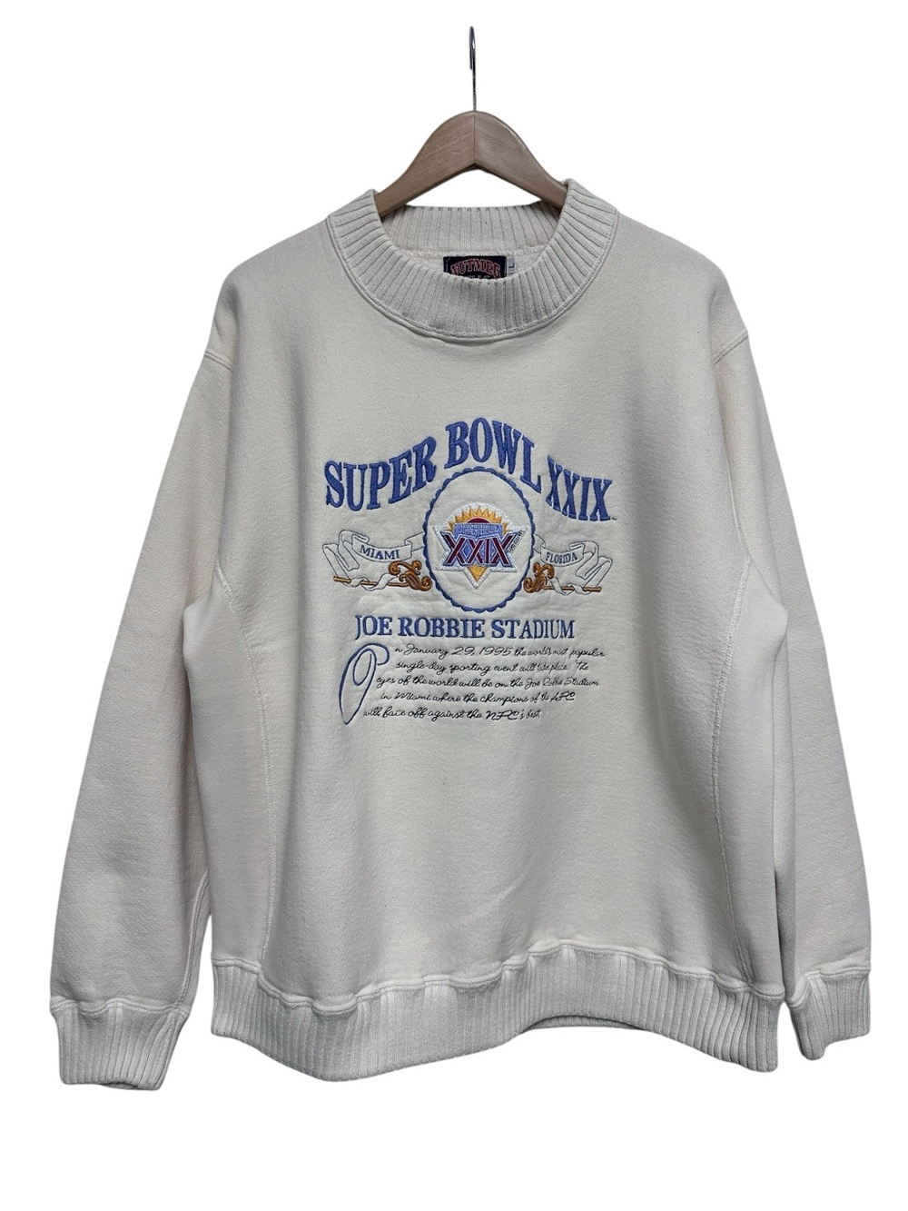 Nutmeg Mills Men's Vintage Super Bowl XXIX Sweatshirt Miami 1995 Large Cream